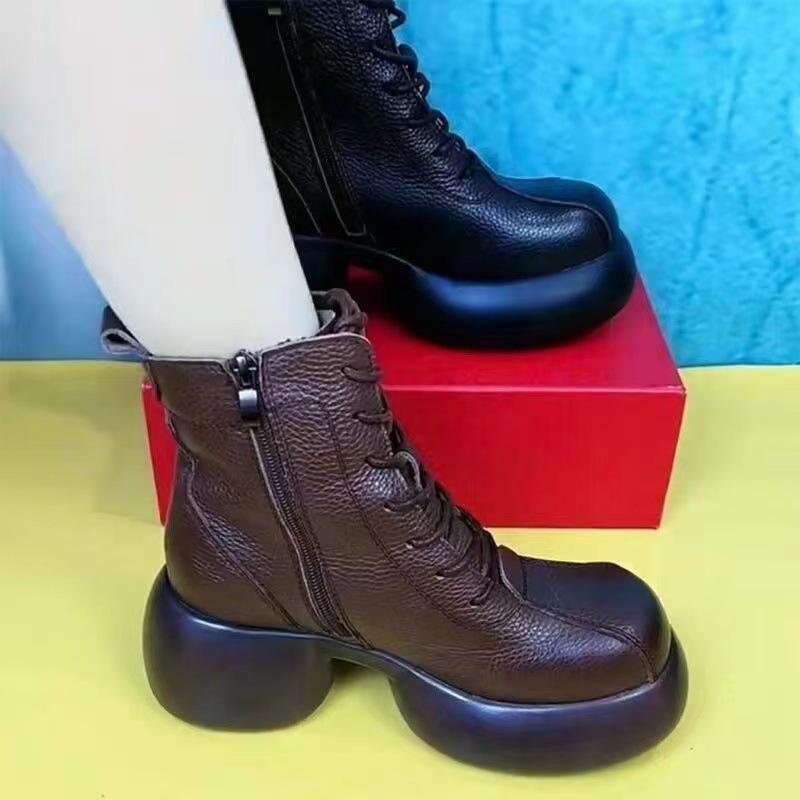 Retro soft leather platform single boots women's 2025 autumn and winter new short fashion boots British Martin boots thick heel women's boots