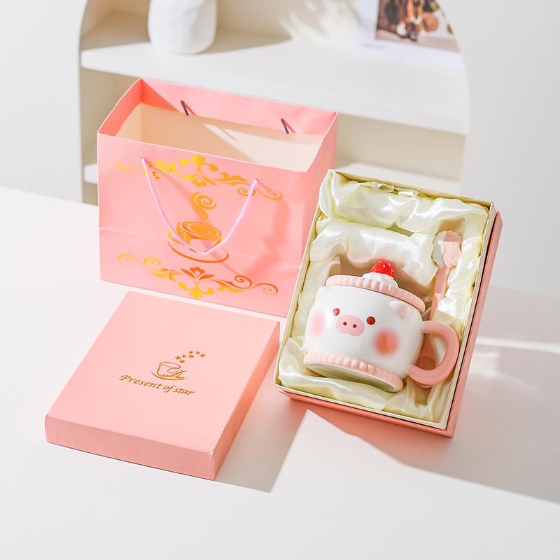 Creative Cute Cartoon Ceramic Mug Pink Girl Heart Gift Cup Water Cup with Lid Spoon Pig Cat Cup