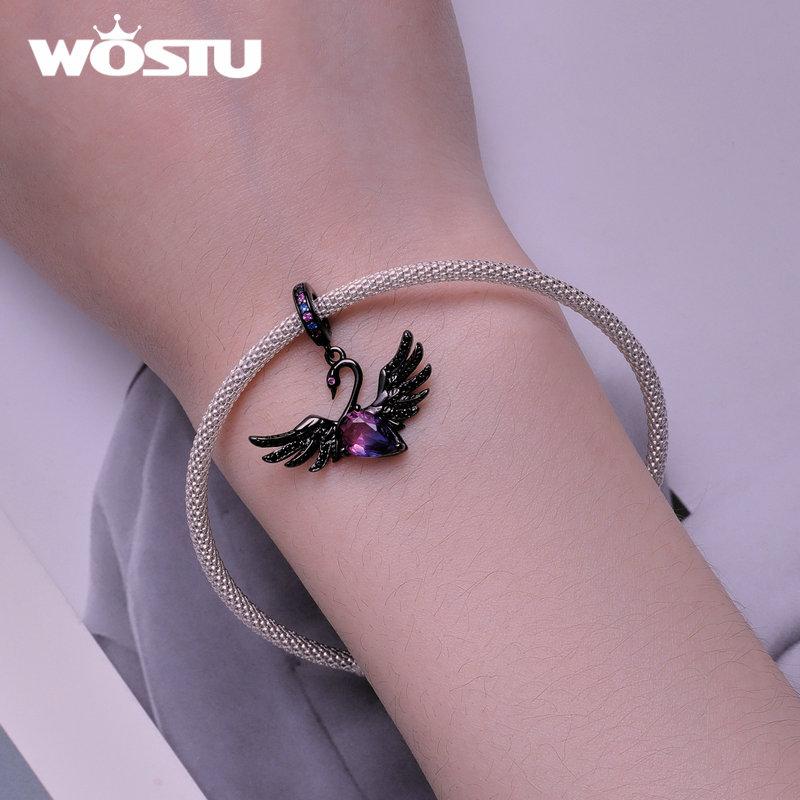 WOSTU 925 argint sterling 925 lebădă neagră agățat mărgele de mărgele placate cu aur negru pandantiv Breloc pentru femei brățară și colier bijuterii DIY