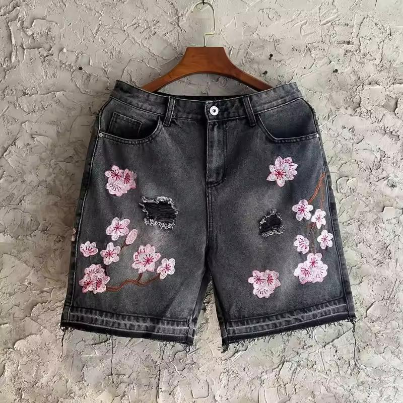 ZYLLO Gothic Mens Womens Cherry Blossom Embroidery Denim Shorts Y2K Jeans Harajuku Hip Hop Retro Baggy Shorts Fashion Casual Pants