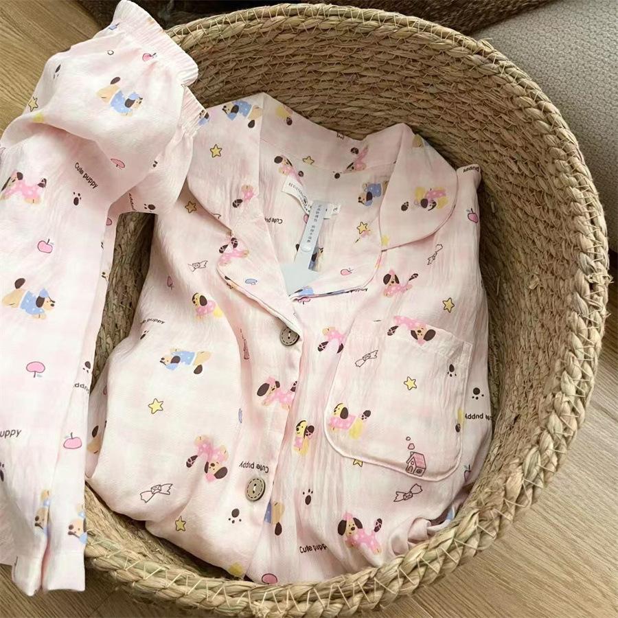 

Internet celebrity new sweet pink plaid dachshund pajamas women s summer short-sleeved shorts cardigan set loungewear S