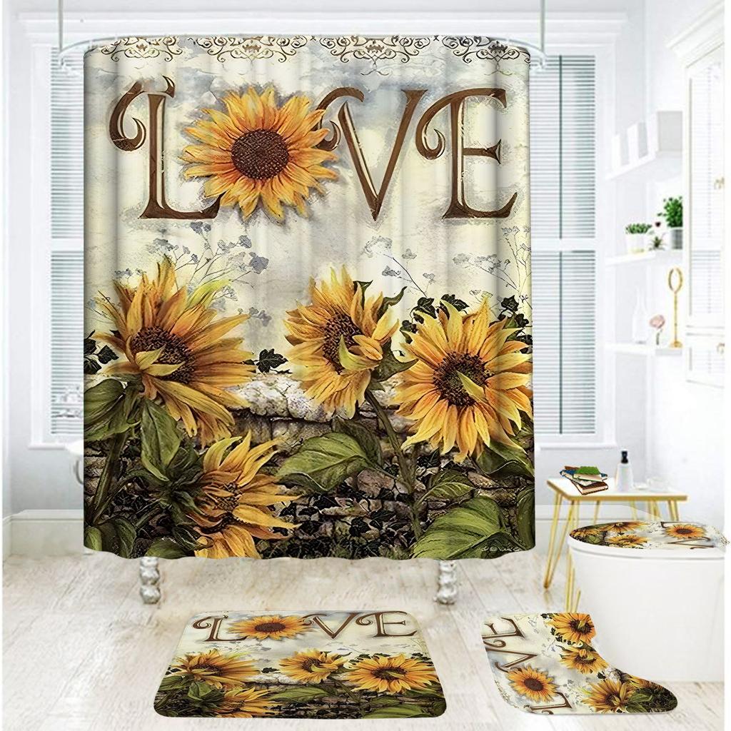 Bathroom Shower Curtain Four-Piece Shower Curtain Waterproof And Mildew-Proof Sunflower Shower Curtain Partition Curtain Free Of Punching