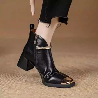 Fashion Women's New Autumn and Winter Square Toe Leather Cowhide Metal High-heeled Plus Size and Calf Elastic Fashion Short Boots