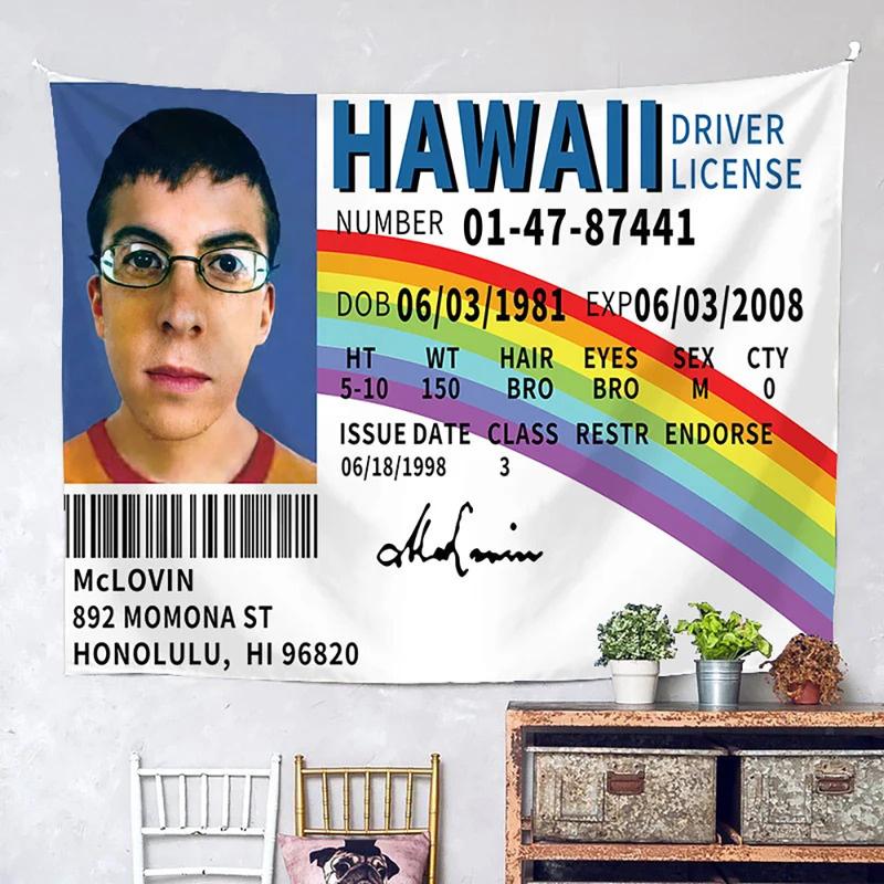 1 Zajímavý gobelínový banner, Tisk ve vysokém rozlišení Vlajka s ID McLovin, Svěží závěsná tapiserie pro univerzitní koleje