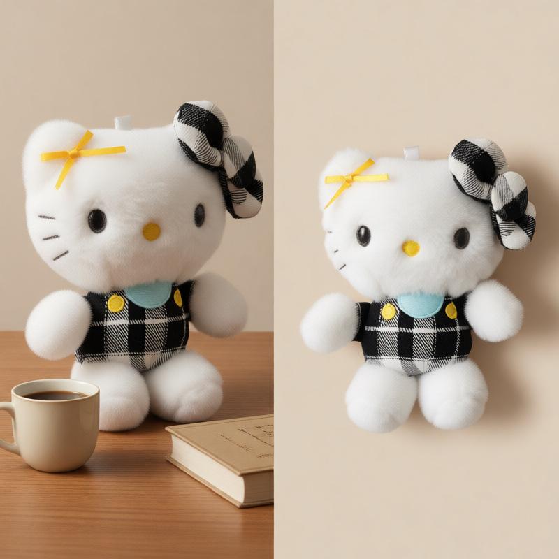 Hello Kitty Plush Keychain Vintage Plaid Pattern Outfit Bow Design Cute Kitty Plush Doll Pendant Diy Decor Bag Girl Trendy Gifts