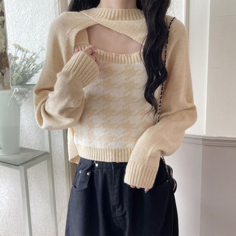 Cardigan tricotat Camisolă Costum de toamnă din două piese Purtați Tricouri în carouri Maioara mică Femei