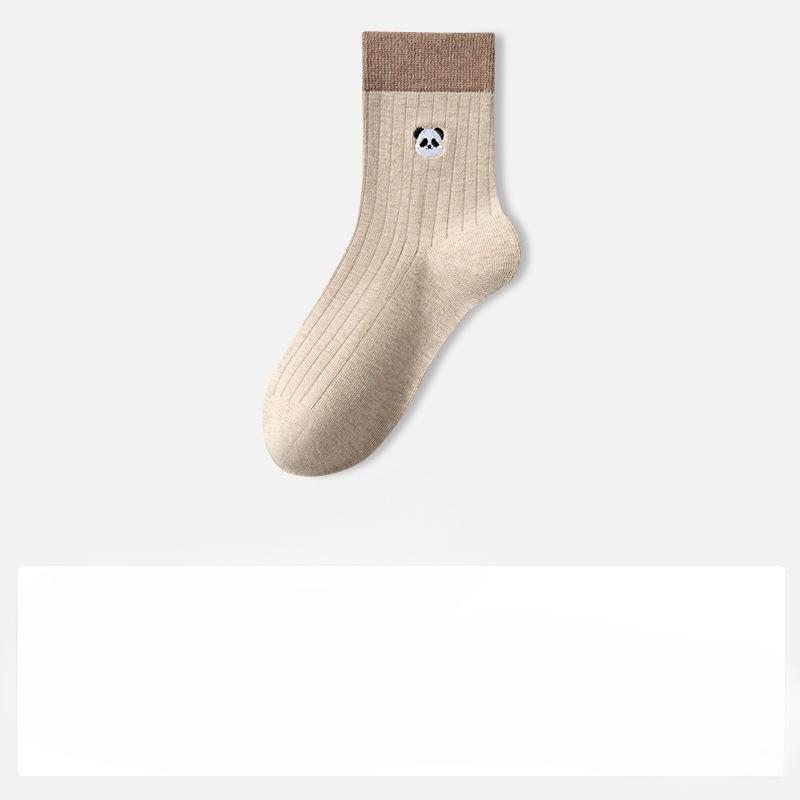 Sock Pure Cotton Mid-Calf Socks Anti-Bacterial Anti-Turning Balls Cute Embroidered Panda Autumn-Winter