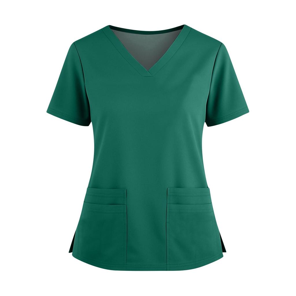 Women's Fashionable Solid Color V-neck Double Pocket Short Sleeved Shirt With Slit Hem Uniform And Worker Top