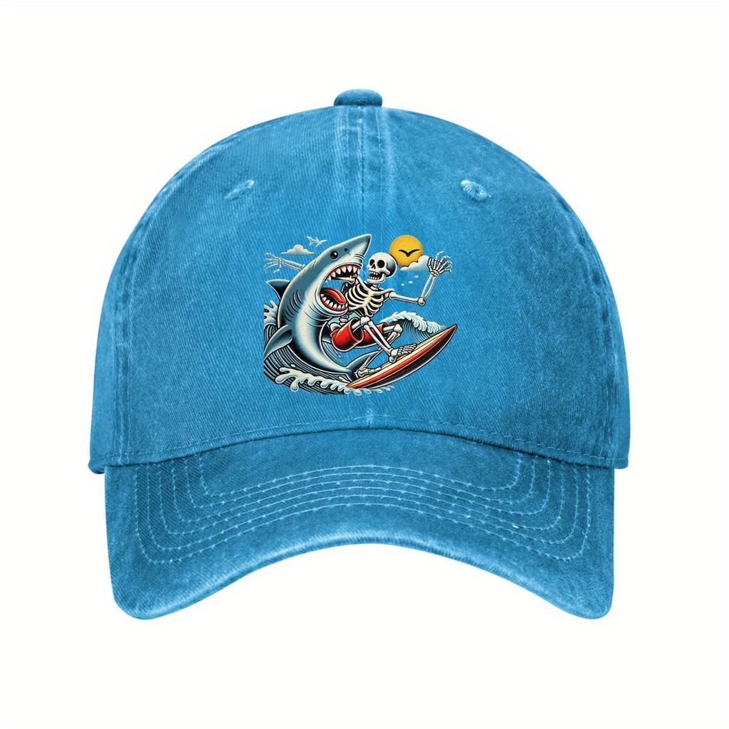 Surfing Skeleton Shark Print Baseball Cap Vintage Washed Cotton Casual Adjustable Dad Hat Outdoor Headwear