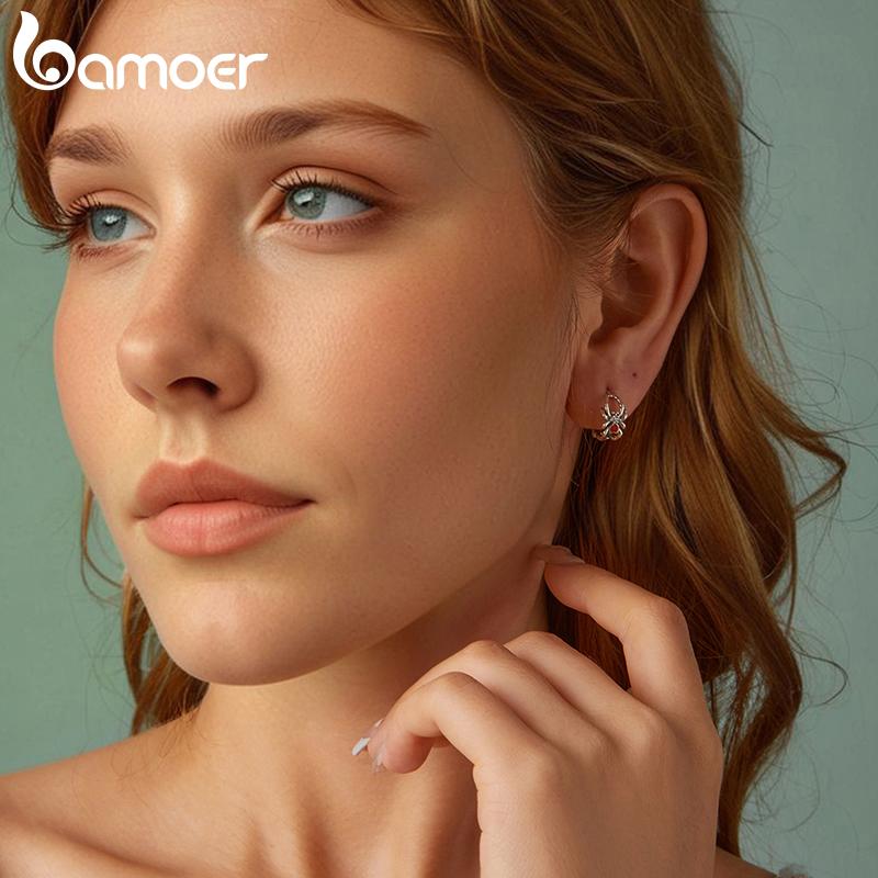 Bamoer Solid 925 Sterling Silver Halloween Spider Earrings for Women Hypoallergenic Hoop Earrings Birthday Jewelry Gift