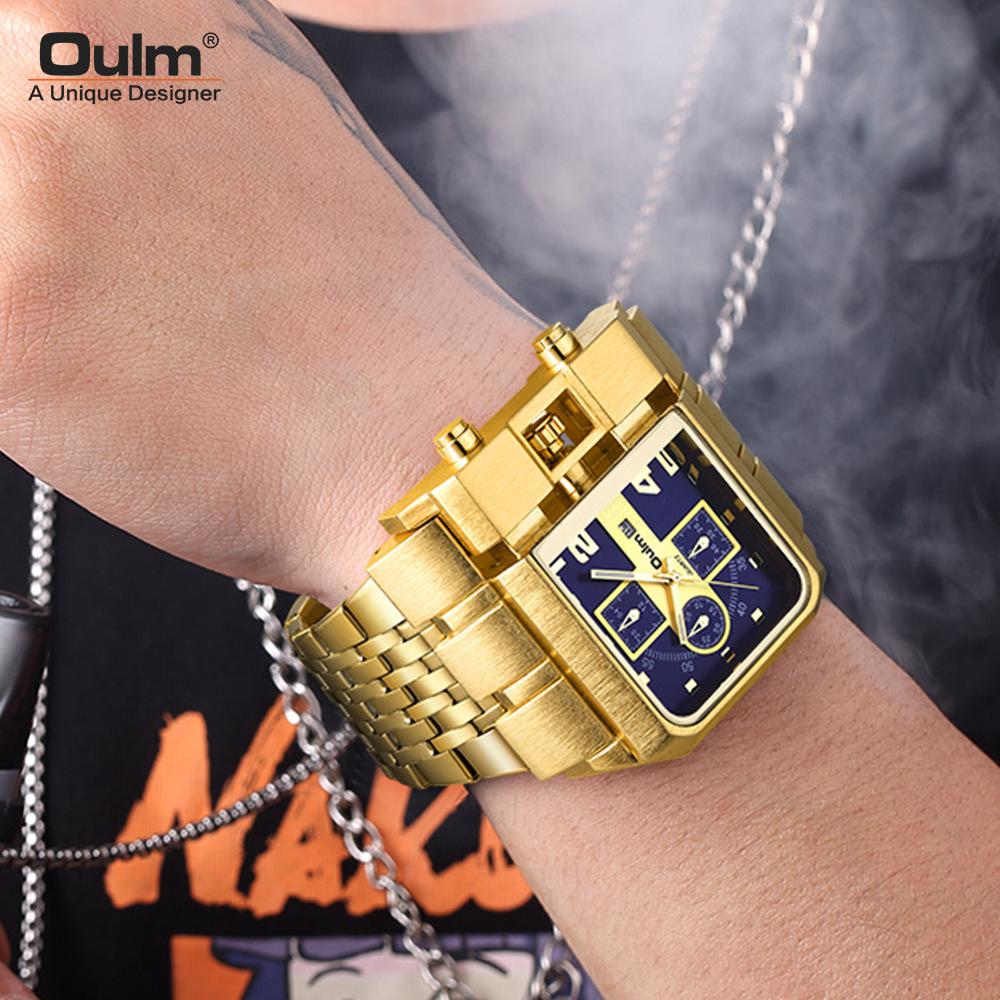 Oulm Gold Large Dial Men'S Watch Steel Belt Calendar Square Quartz Men'S Watch Casual Wind Wrist