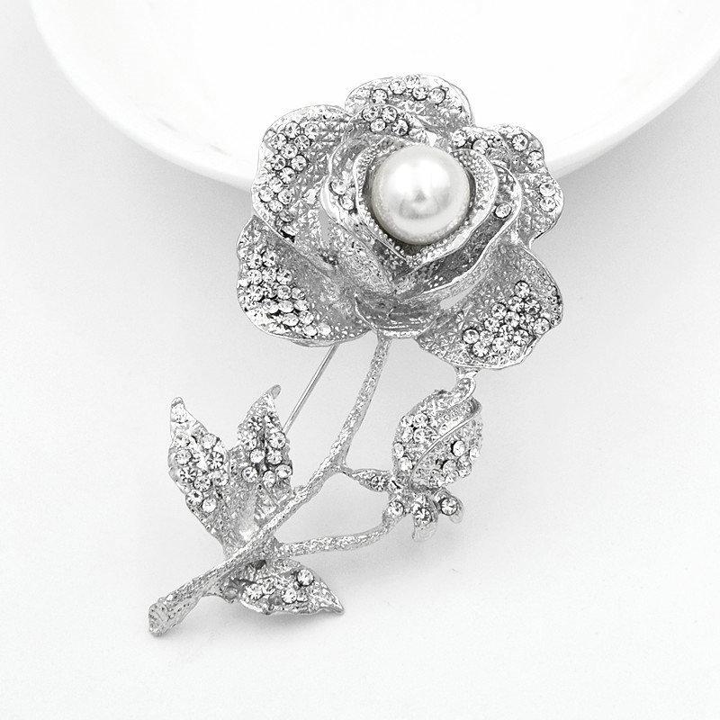 Rhinestone Floral Pearl Brooch - Elegant Rose Flower Scarf Buckle