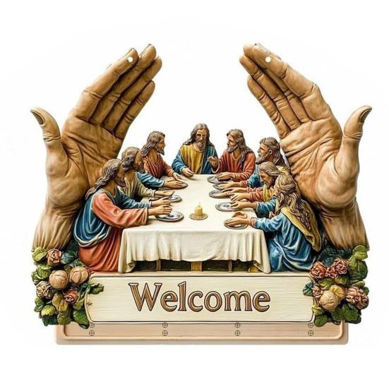 Dřevěný křesťanský držák na klíče 2D plochý Ježíš přijímání umění klíčenka stojan se 4 háčky náboženský nástěnný stojan na klíče pro vstupní halu domácí dekorace