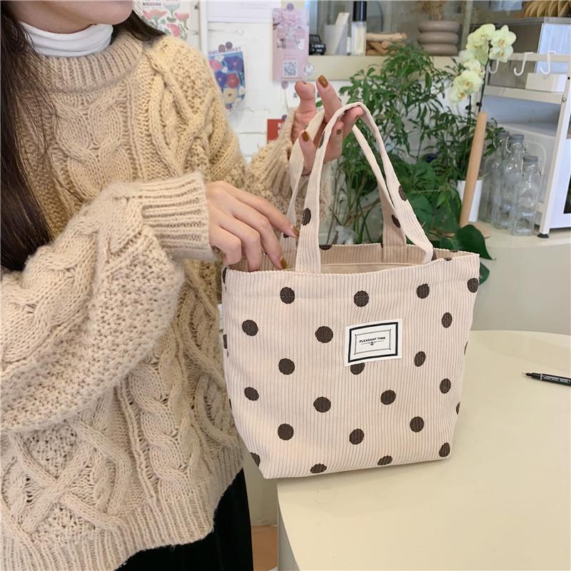 Vintage Corduroy Polka Dot Tote Bag For Women Soft Handle Cute Lunch Bag