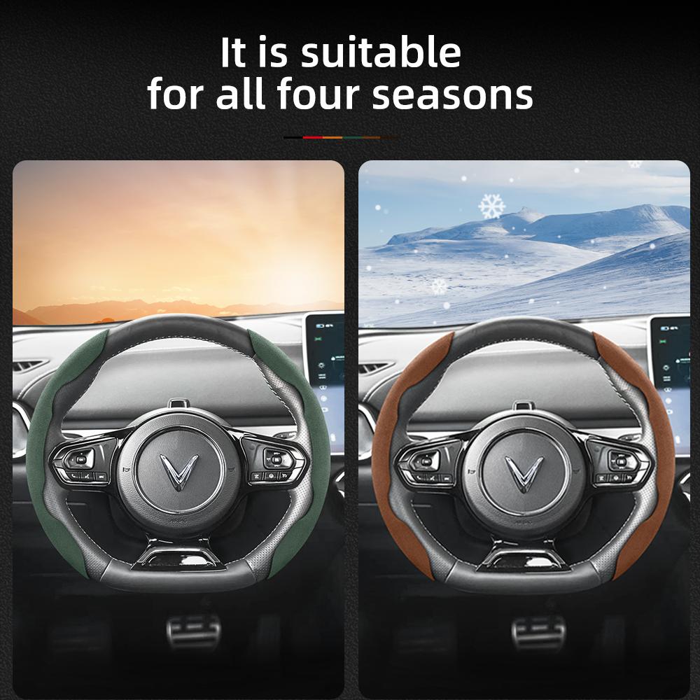 Vcxja9 Suitable for Vinfast Anti-Slip Buckle Segmented Suede Steering Wheel Cover Vf 3 5 6 7 E34 8 9 Herio Limo Green and