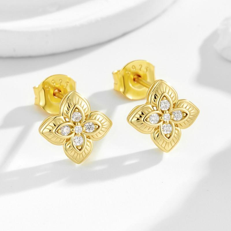 Sterling Clover Stud Earrings Women Rhinestone Inlaid Floral Geometric Design Lightweight Fashion Jewelry 925 Sterling Silver