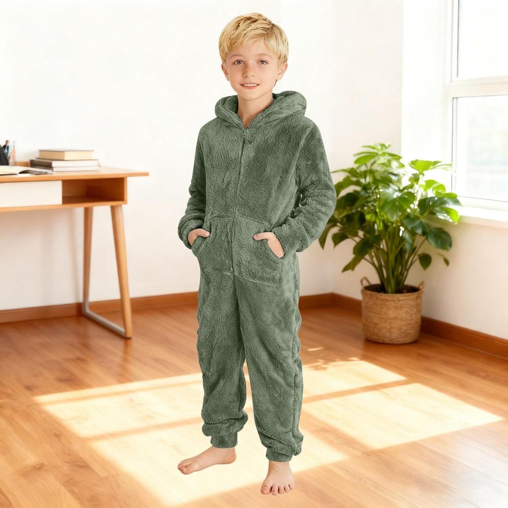 Kinder Mode Einfarbiges Fleece Kapuzen-Onesie Haus Schlafanzug Body