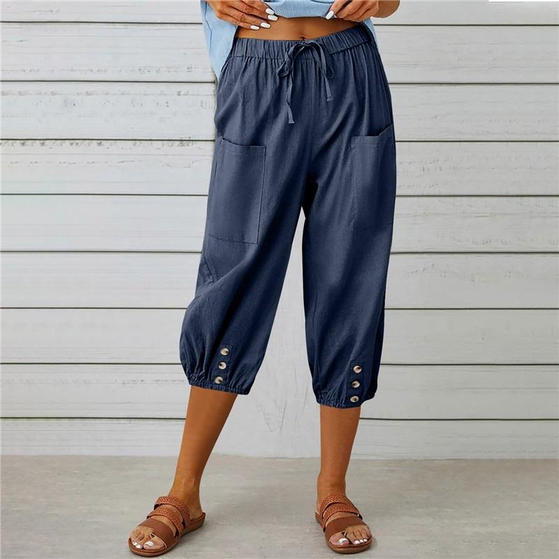 Summer Women's Trousers Casual Three-quarter Loose Drawstring High Waist Button Cotton And Linen Trousers