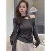 Design-Sense Autumn Asymmetrical Slash Neck Long-Sleeved Ribbon Top