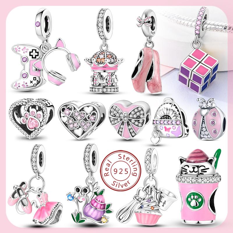 New 925 Silver Charms Beads Love Heart Pink Original Charm Pendant Fit Charm Bracelets DIY Jewelry Birthday Gift