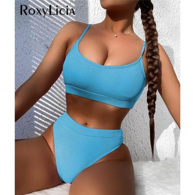 Costume da bagno femminile imbottito a coste in 9 colori Bikini a vita alta Costume da bagno donna Costume da bagno in due pezzi Costume da bagno da bagno