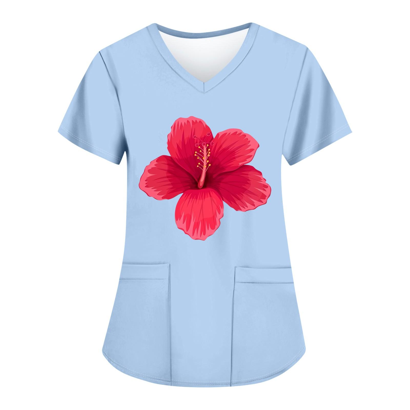 

Женские модные топы с короткими рукавами и V-образным вырезом с принтом, рабочие футболки с карманами XL синий