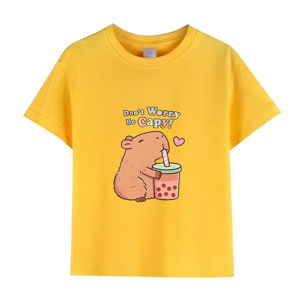 Capybara Kids Summer Cartoon Print T-Shirt 100% Cotton Short Sleeve Crewneck Casual Top for Girls Fashion Tees