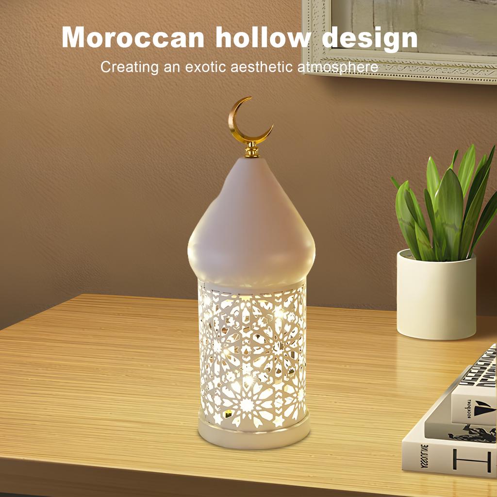 LED Decorative Atmosphere Lamp Warm Light Hollow Iron Lantern Battery Powered Candle Holder Tea Light for Living Room Shelf Desk