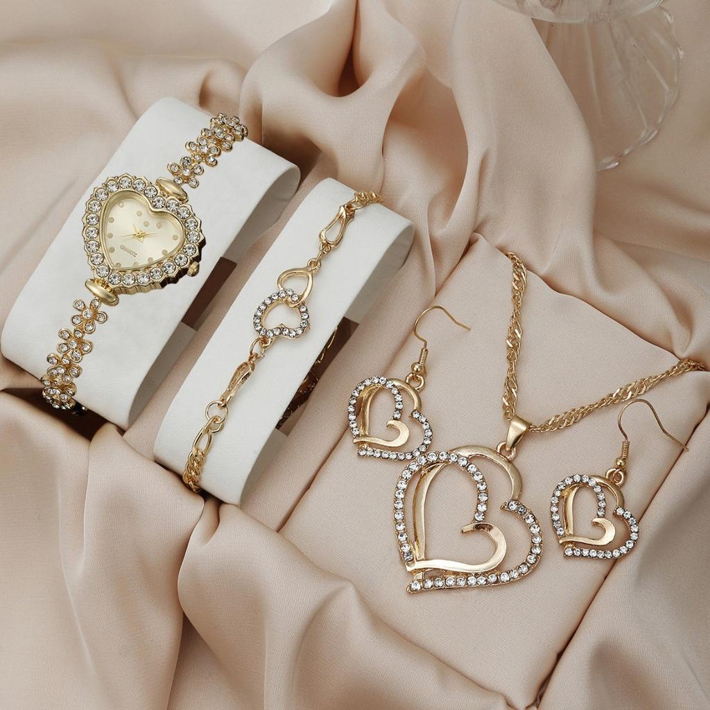 5 st/set Vardagsmode Kvarts Klocka & Hjärta Strass Smyckesset Gåvor för Kvinnor Lyxmärkesdesign Kvinnor Montre Femme Reloj
