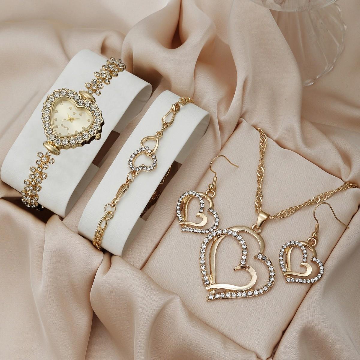 

5 шт./набор Повседневные Модные Кварцевые Часы и Набор Ювелирных Изделий со Стразами в Форме Сердца Подарки для Женщин Дизайн Роскошного Бренда Женские Montre Femme Reloj