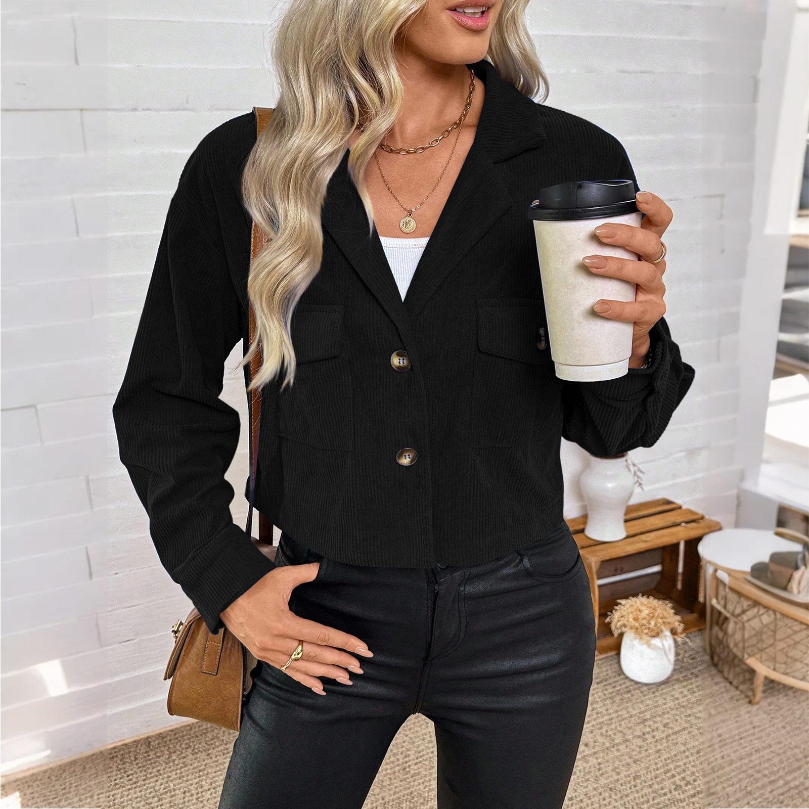 

Women s Casual Solid Color Long-sleeved Short Jacket Loose Corduroy Top L чёрный