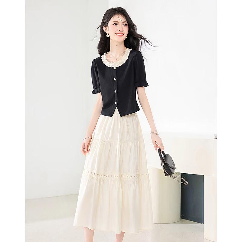 Elegant Lace-Spliced Short Sleeve Top & Midi Skirt Set
