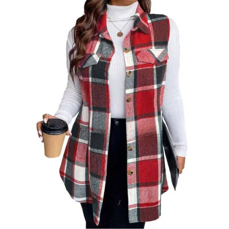 Casual Womens Sleeveless Vest Spring Plaid Buttonfront Polyester Top For Adults