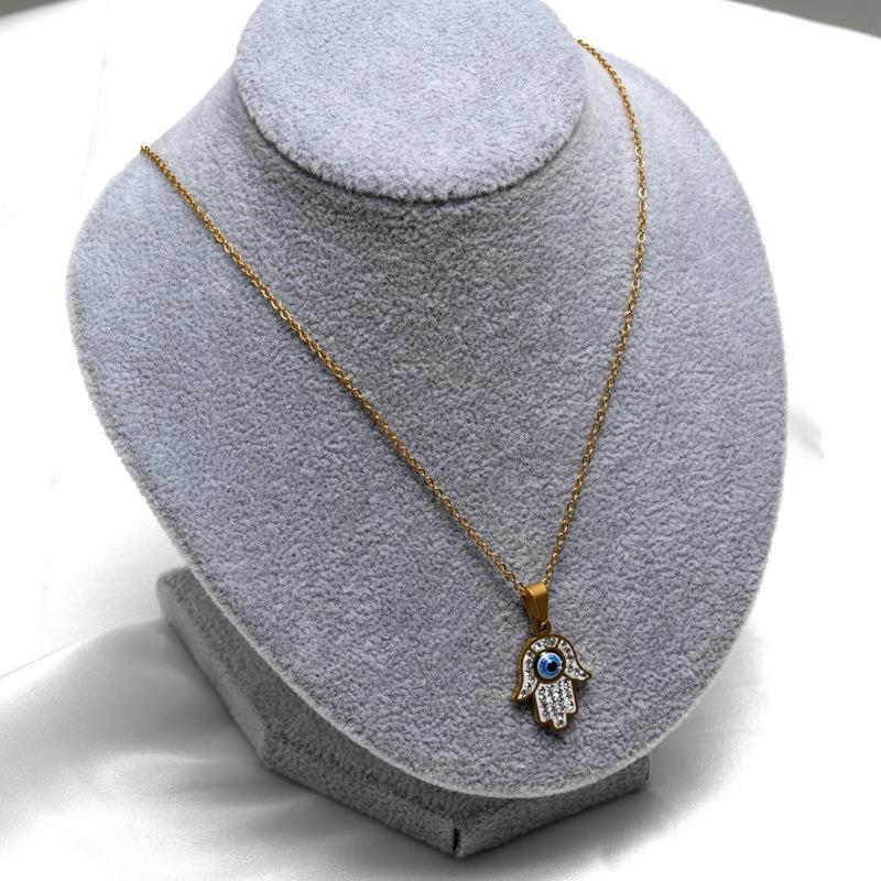 Turkish Ethnic Evil Eye Necklace with Diamond-Accented Blue Eye Hand Pendant In Titanium Steel