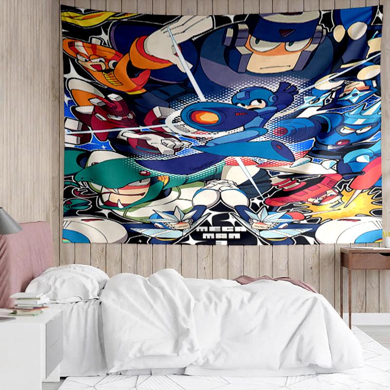 Cartoon Rockman Game Megaman1 Tapestry for Bedroom Aesthetic Classroom Tapestries Wall Hanging for Living Room Dorm Office,Ideal Creative Gift