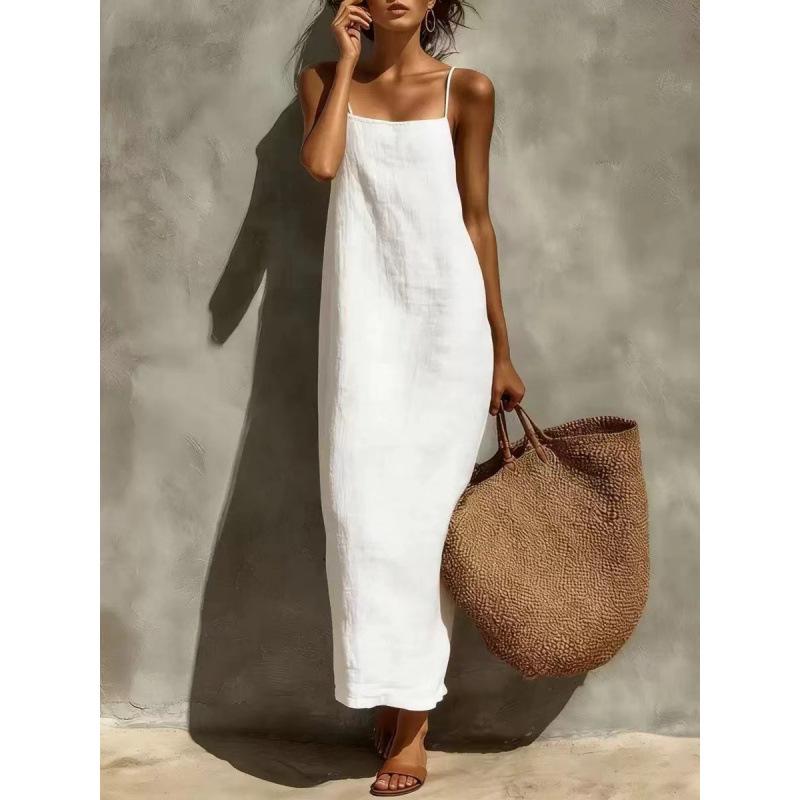 Spot independent station Amazon cross-border hot sale summer new solid color suspender loose backless sleeveless dress S белый