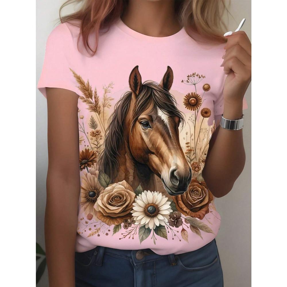 Women's Short Sleeve Round Neck T-Shirt, Summer Graphic Tees Women Tops