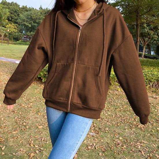 Kordelzug Lange Ärmel Taschen Reißverschluss Hoodie Mantel Herbst Einfarbig Frauen Sweatshirt Jacke