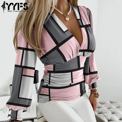 Chemisiers et chemises décontractés pour femmes, mode printemps-automne, couleur unie, imprimé, manches longues, col en v