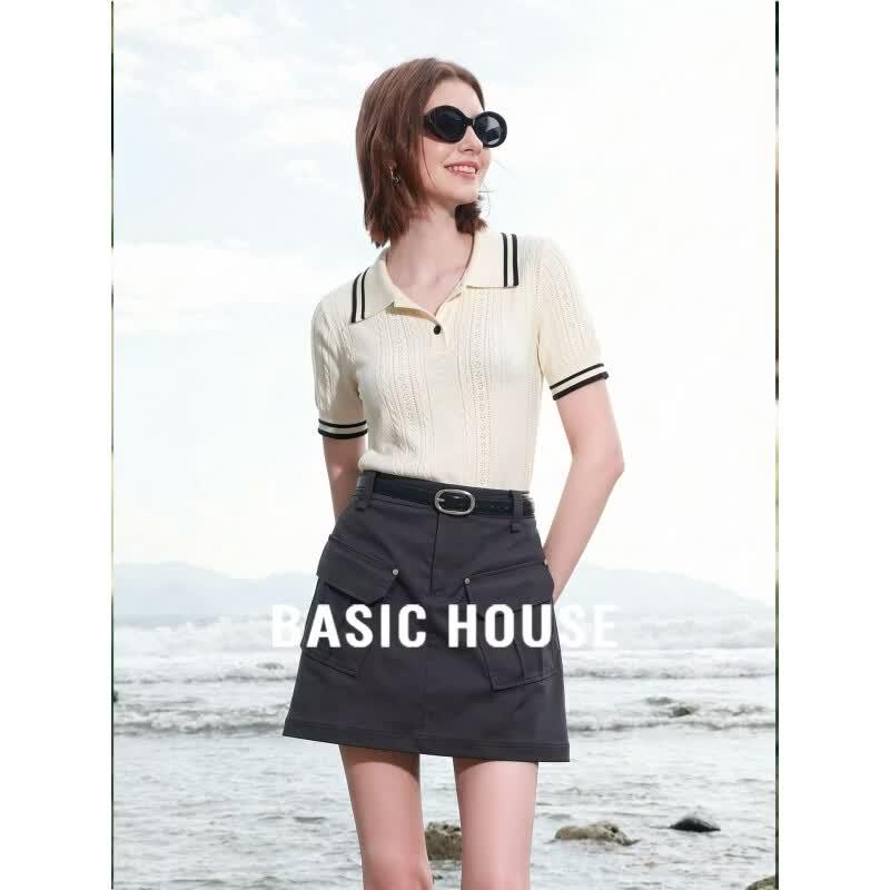Basic House Women s Hollow Knit Polo Shirt M