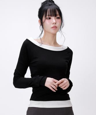 LIKE THE MOST Shirring Point Off-Layered T-Shirt_White Black