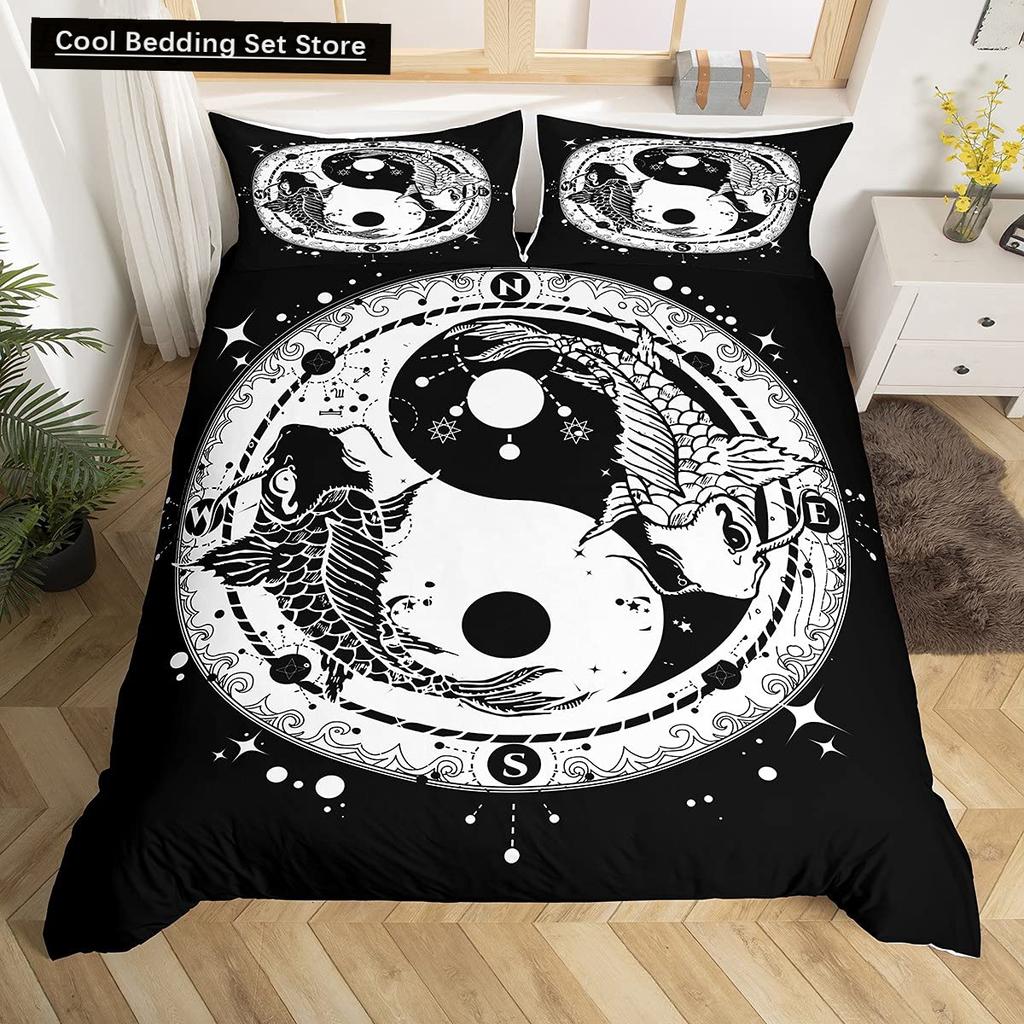 Yin Yang King Queen Duvet Cover Mandala Bohemian Bedding Set Retro Lotus Tai Chi Bagua Comforter Cover Chinoiserie Quilt Cover