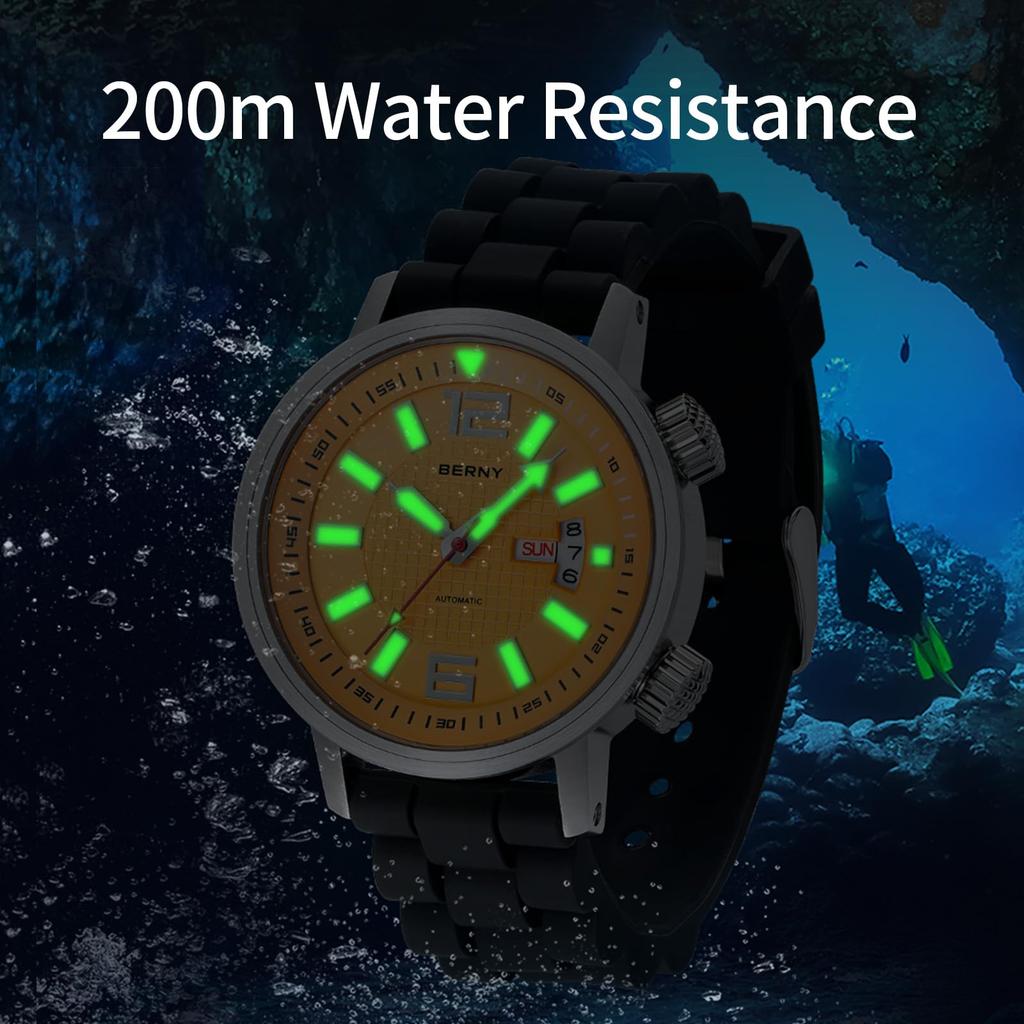 BERNY Men's Automatic Mechanical Dive Watch, Self-Winding, Sport Silicone Strap, 20ATM Waterproof, Sapphire Glass, Super Luminous