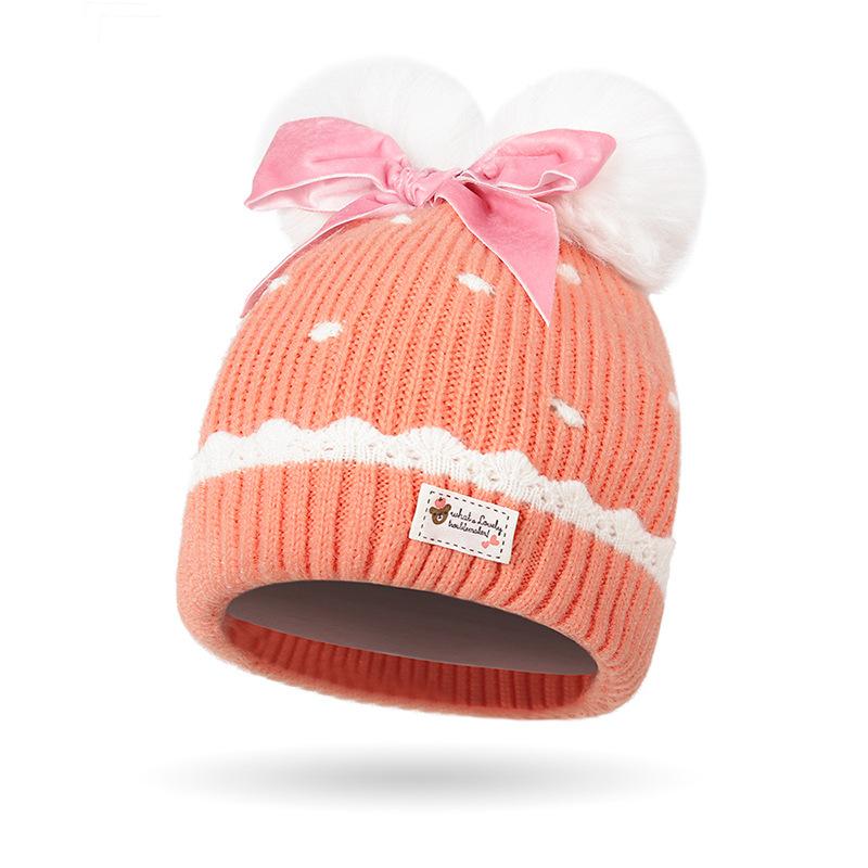 Chapéu de outono inverno infantil, laço de bola de cabelo de menina, proteção de orelha de malha quente, chapéu de lã para bebê