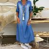 Herfst Lange Jurken Vrouwen Vintage Effen Kleur Halve Mouw Jeans Jurk Met Zijsplit V-Hals Vestidos Voor Vrouwen Casual
