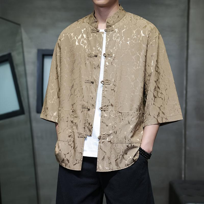 Chinese style ice silk seven-quarter-sleeved shirt men's Tang suit buckle Hanfu large size printed short-sleeved shirt ethnic style