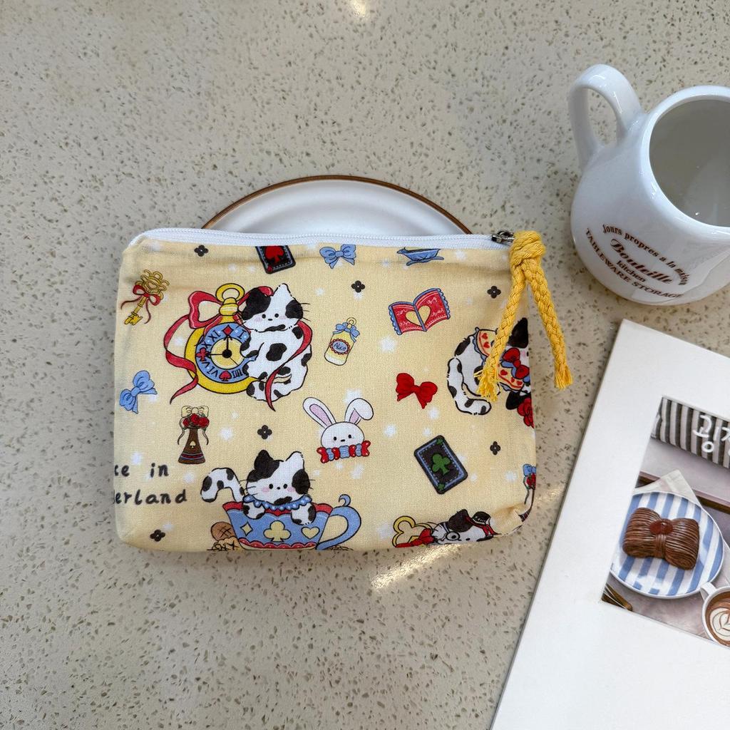 Adorable Blue Cartoon Makeup Bag: Mini Pure Cotton Coin and Earphone Pouch, Lipstick Carrier, Portable Storage.