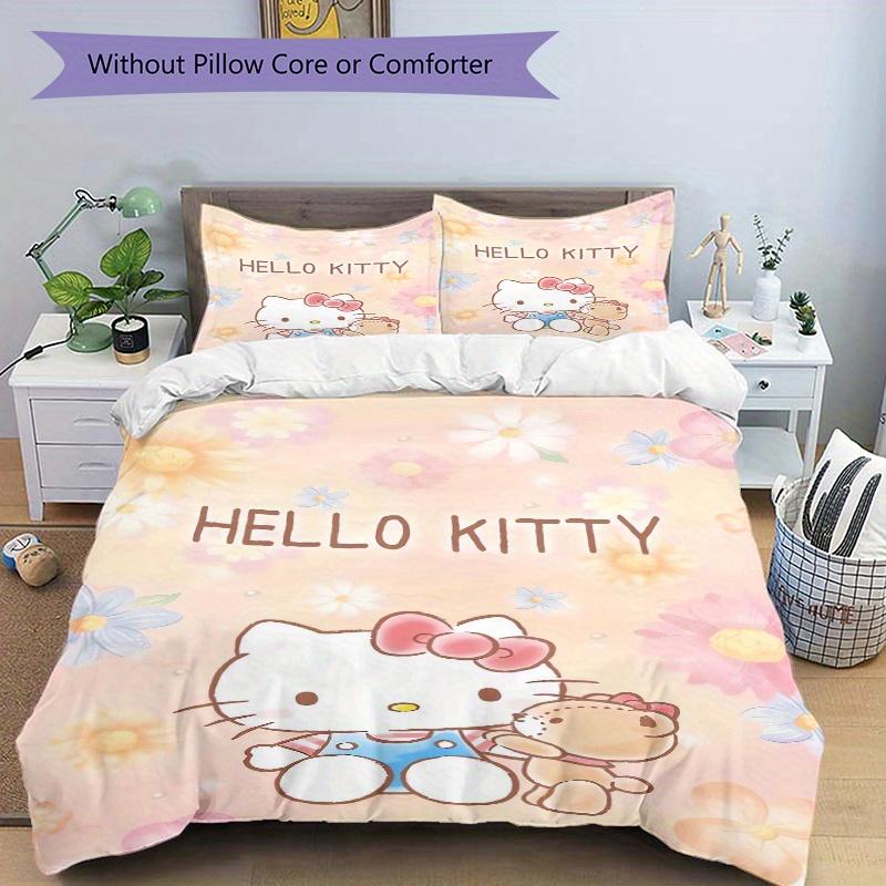 3pcs Little Bear and Hello Kitty Printed Quilt Set - Soft and Comfortable Quilt Cover for Bedroom, Guest Room and Dormitory Decorative Beddi