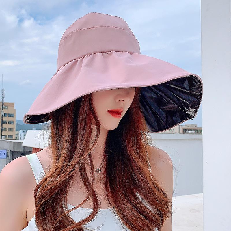 Wide Brim Solid Empty Top Sun Hats for Women Black Plastic Anti-UV Summer Hat Breathable Beach Sunshade Hat Foldable Visor Cap