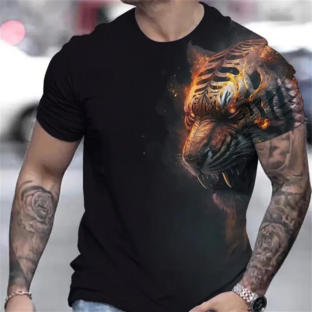 Verano Cuello Redondo 3D Animal Leopardo Tigre Patrón Estampado Top Camisetas de Hombre Casuales de Moda de Manga Corta